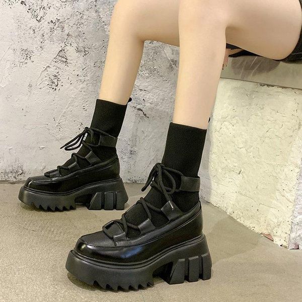 

boots thick-soled breathable socks british style women's tide ins cool spring and autumn handsome slope heel, Black