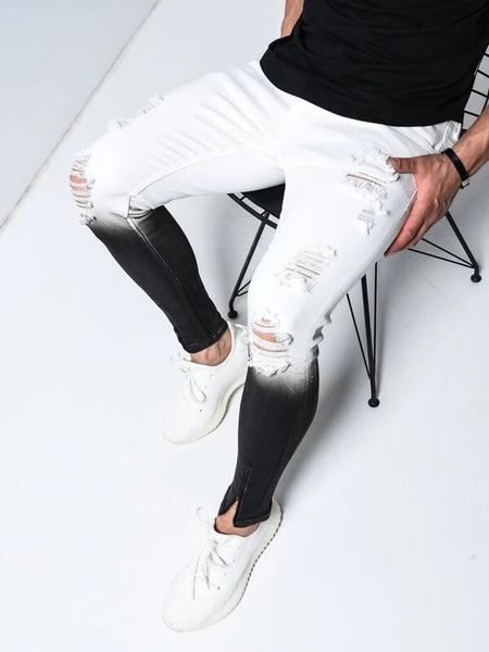 

men's jeans men skinny stretch ripped mens fashion zipper slim fit denim trousers brand motor biker hip hop white black 2021, Blue