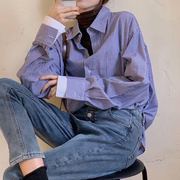 

design sense niche striped long-sleeved foldable shirt women spring irregular mid-length shirt jacket chic top, Black;brown