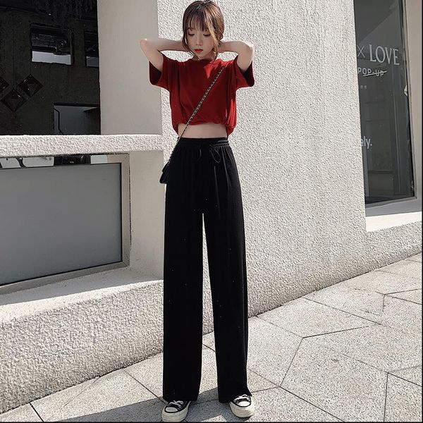 

wide leg pants ulzzang women solid high waist trousers pleated loose casual elegant womens korean style chic daily girls, Black;white