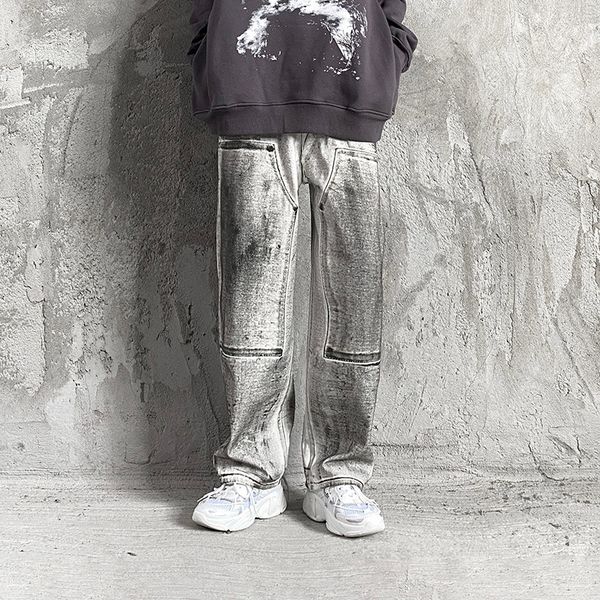 

new 2021 tie-dye washed loose wide-leg jeans men's high street zipper knee oversize casual denim trousers hip hop baggy track pants b4s, Blue