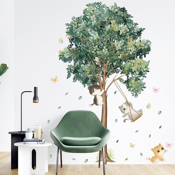 

wall stickers cute swing kitten kids rooms bedroom decor green tree decals for living room art murals home decoration