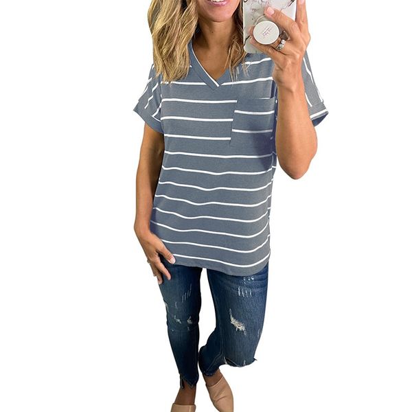 

2021 v-neck short sleeve loose stripe casual t-shirt women's wear, White