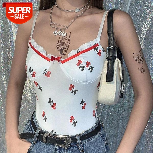 

Dulzura cherry print ruffle strap women bodysuit hollow out backless bodycon sexy streetwear 2020 summer clothes thong body club #0058, White