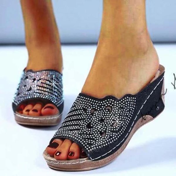 

sandals fashion women rhinestone for slope heel ladies shoes platform female plus size, Black