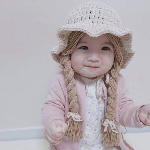 

caps & hats autumn/winter lovely girls' knitted cotton hat soft warm cute wig big braid baby princess pink arrive, Yellow