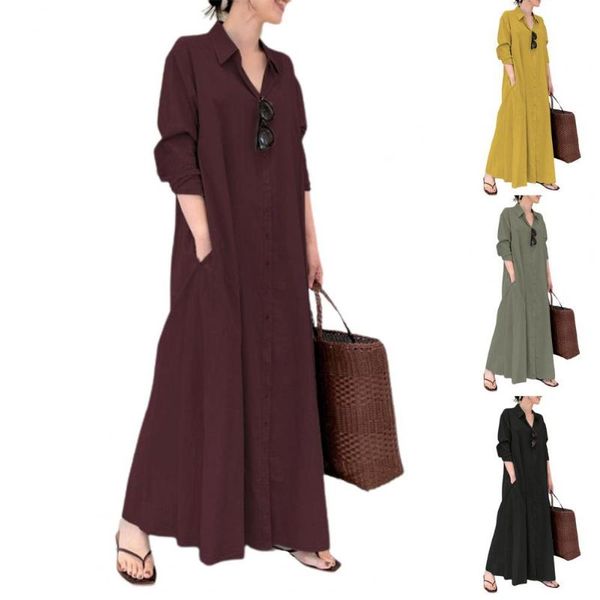 

casual dresses women fashion long dress solid color single-breasted sleeve lapel large hem streetwear office, Black;gray