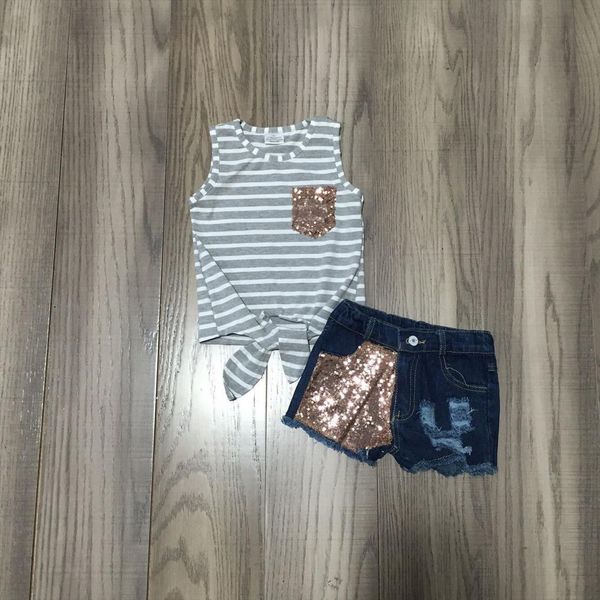 

summer baby girls stripe grey vest denim shorts jeans sequins outfit, White