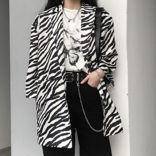 

women's suits & blazers women summer zebra pattern suit jackets 2021 high fashion streetwear loose clothes office ladies black and whit, White;black