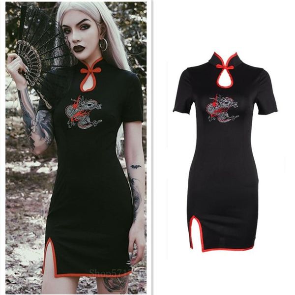 

ethnic clothing summer female gothnic dark harajuku style punk grunge dragon embroidery splice cheongsam girls retro slim high waist dress, Red