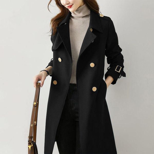 

women's trench coats new spring autumn women elegant turn-down collar double breasted coat casual ladies mid-long windproof, Tan;black