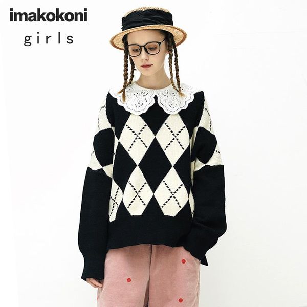 

women's sweaters imakokoni original black diamond sweater women 2021 fall loose outer wear long-sleeved, White;black