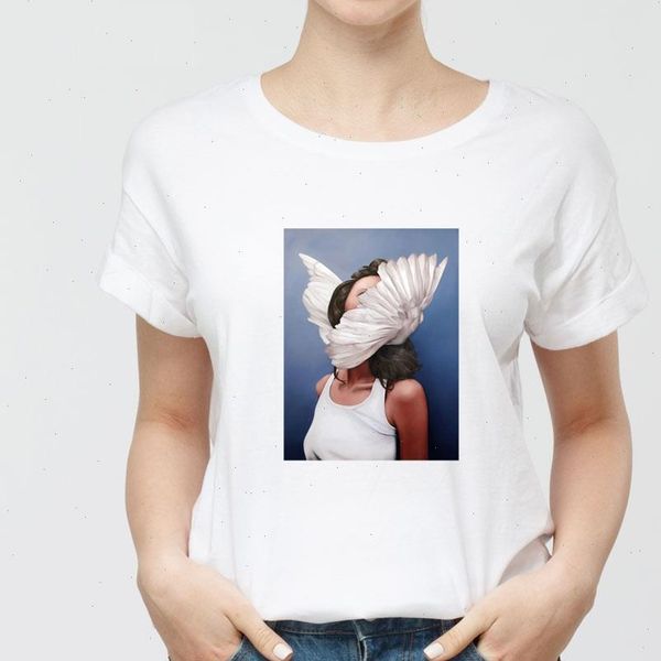 

new cotton harajuku aesthetics tshirt flowers feather print short sleeve fashion casual couple cotton t shirt, White