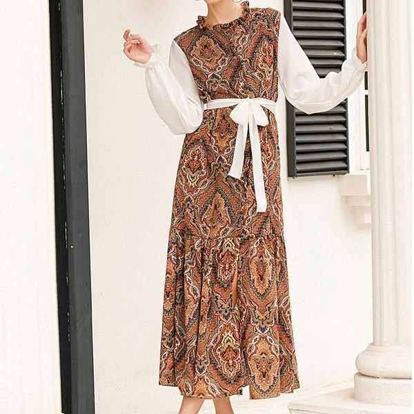 

ethnic clothing 2021 autumn and winter fashion women's white sleeves hit color print open-fronted dress muslim long skirt, Red
