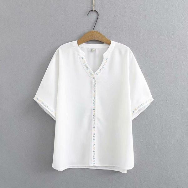 

women's blouses & shirts plus size xl-4xl v-neck chiffon blouse short sleeve a-line ol floral embroidery white black blusas