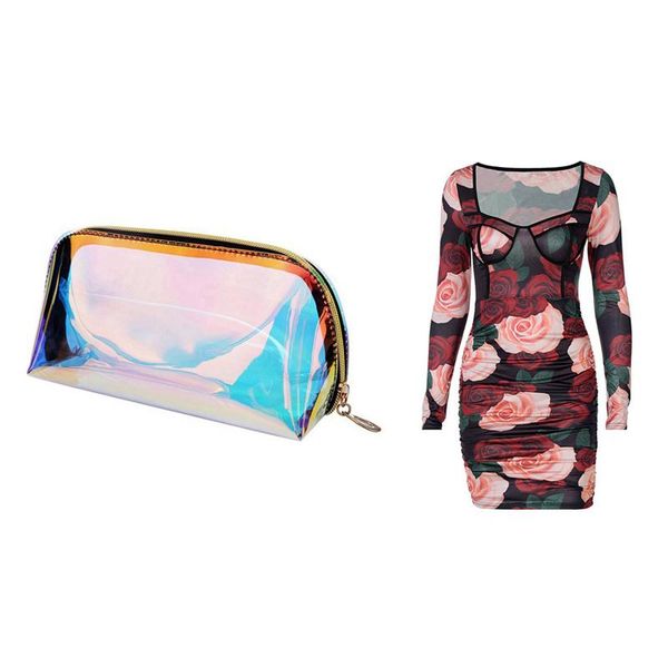 

cosmetic bags & cases 1pc women makeup case tpu beauty organizer with long sleeve square collar patchwork floral print mesh mini dress s