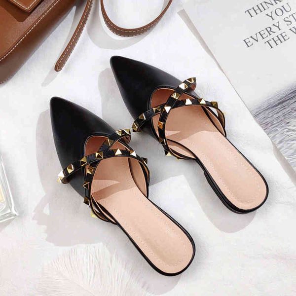 

sandals new faux leather women's pointed rivet flats for spring and summer fashion trend designer slippers 45nb, Black