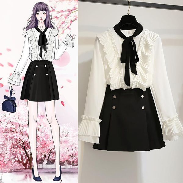 

2021 new spring autumn sweet 2 pieces suits women solid bow ruffles shirt +double breasted pleated a-line mini skirt fashion set r29visk, Black;gray