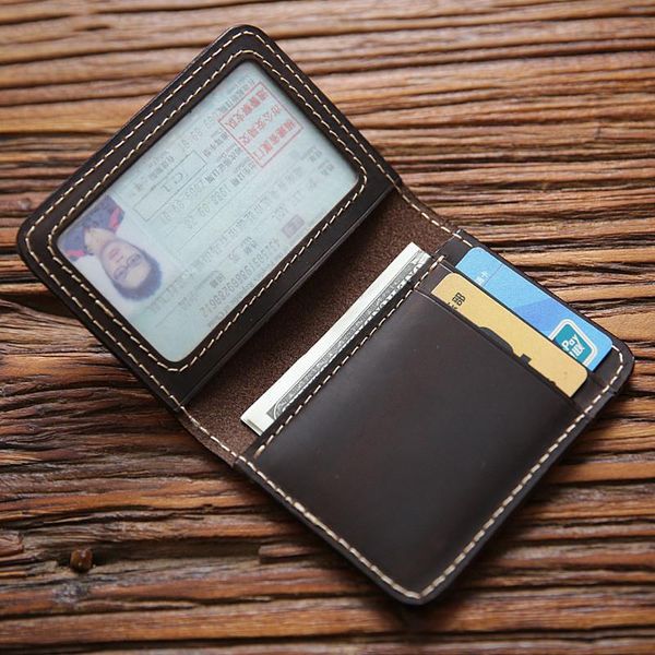 

card holders 100% genuine leather holder for men vintage short handmade bifold slim small man wallet purse driver license id case, Brown;gray