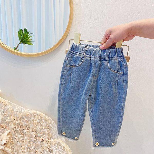 

children's denim jeans flower full length trousers girls kids casual pants, Blue