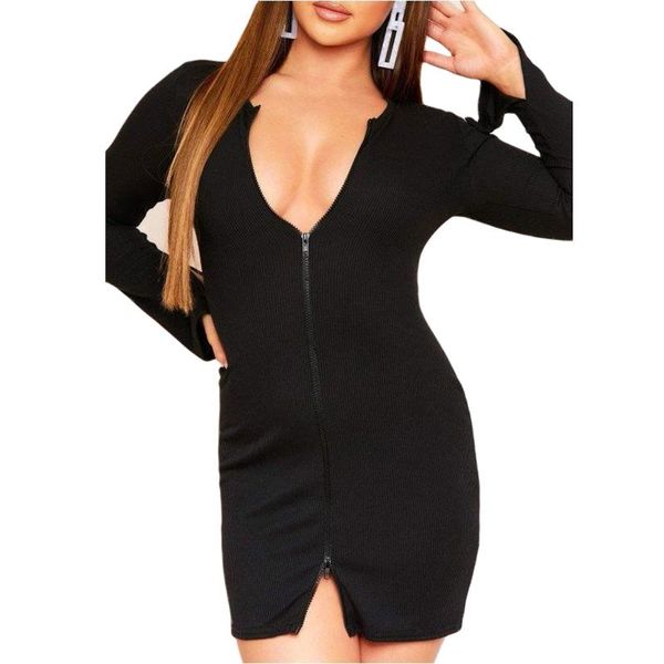 

casual dresses women knitted bodycon dress, double head zipper solid color mini pencil dress, Black;gray