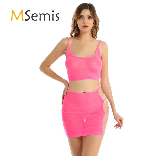

women see-through mesh swimsuit hollow out strappy swimwear beachwear clubwear crop with mini skirt lingerie suit