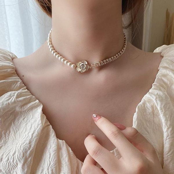 

pendant necklaces u-magical creative white enamel metal flower chokers necklace for women asymmetry faux pearl beaded rhinestone jewelry, Silver