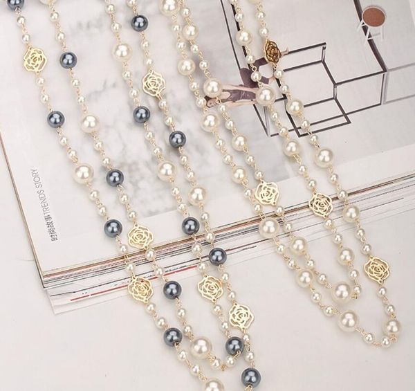

fashion designer luxury classic style hollow roses elegant bright pearls long sweater statement necklace for woman, Black