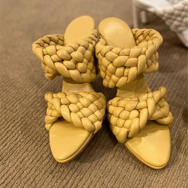 

slippers 2021 style woven plaid wear open-toe high heels with shallow heel and soft hollow out walking women's shoes, Black