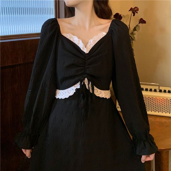 

black gothic dress women designer lace-up midi dress chic casual korean style party vintage dress autumn women clothing, Black;gray