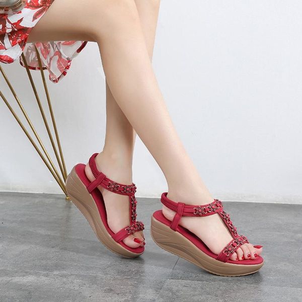 

dress shoes brand 2021 bohemia wedge women sandals summer vintage rhinestone woman flip flops beach shoes#g3, Black