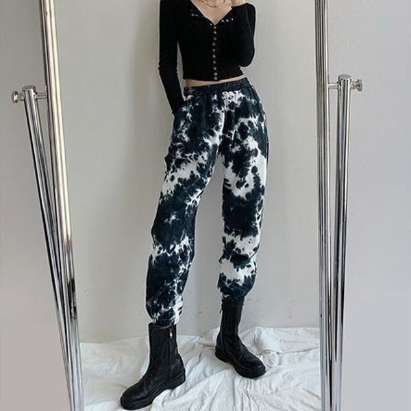 

women's pants & capris kpop fashion tie-dye women korean loose oversized harem high waist elastic long trosuers -4xl, Black;white