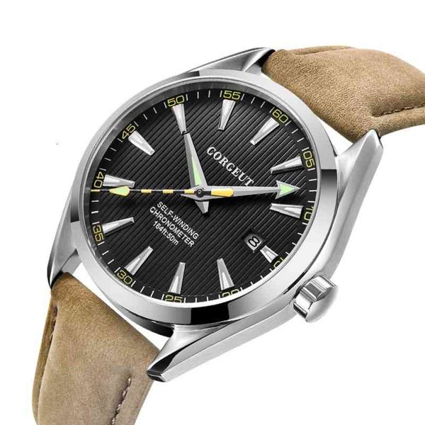

automatic men black iron plate watches 41mm sapphire crystal stainless steel leather band waterproof lightproof clock relogio masculino, Slivery;brown