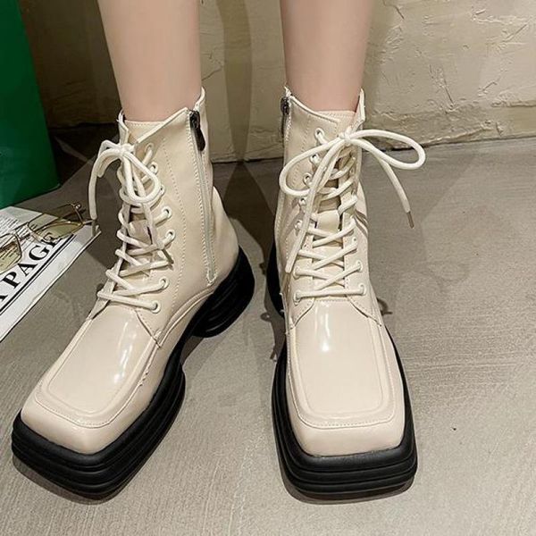 

boots style fashion patent leather square toed ankle women with thick soles british platform shoes ytmtloy botines de mujer, Black