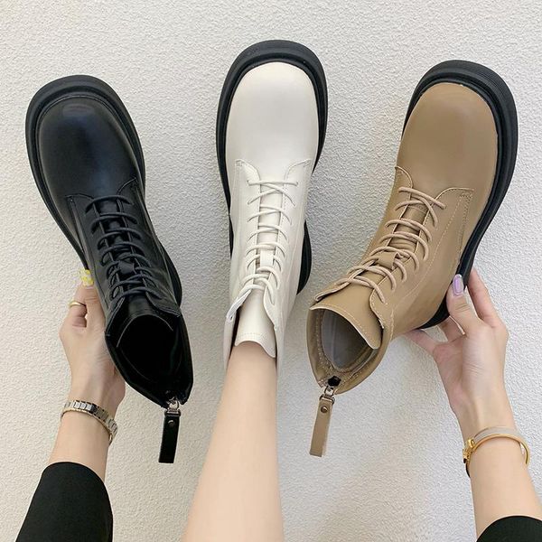 

boots white ankle boots-women round toe lace up flat heel female shoes low 2021 med summer lolita rock ladies rubber autumn soli, Black