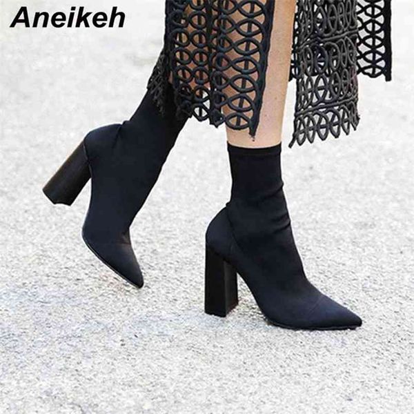 

aneikeh slim stretch ankle boots for women pointed toe sock boots square high heel boots shoes woman fashion bota feminina 41 210914, Black