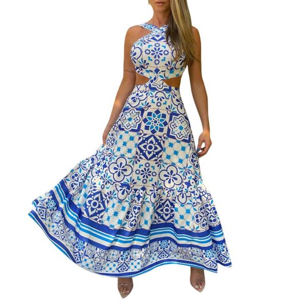 

casual dresses 2021 dress long summer beach suit feminine halter neck retro print sleeveless sun skirt, Black;gray