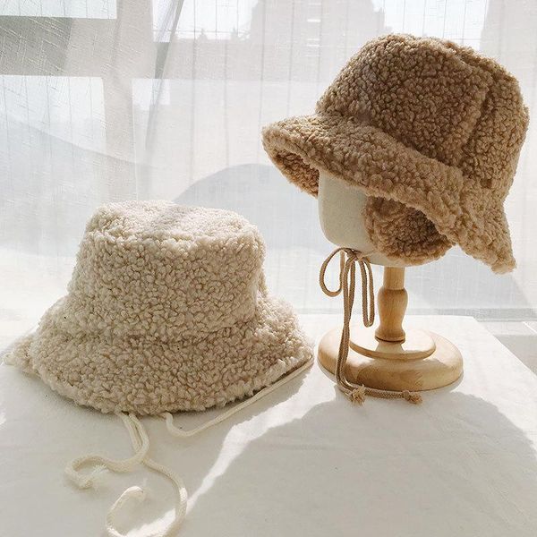 

women 2021 winter faux lambswool bucket hats outdoor windproof warm thicker lady panama fisherman sun hat with ear protection, Blue;gray