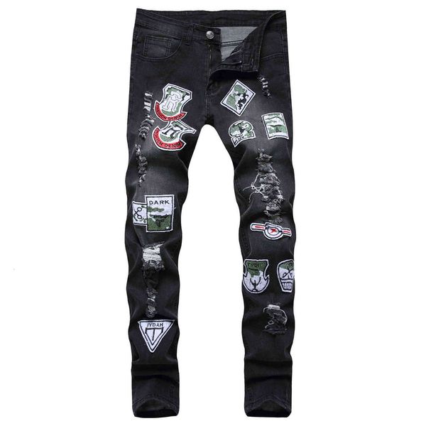 

men's jeans denim embroidery stitching hole beggars pants slim personality men's jeans, Blue