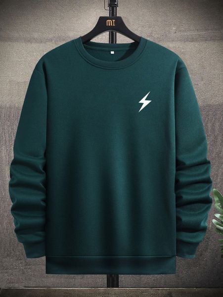 

men lightning print thermal lined sweatshirt k65e#, Black