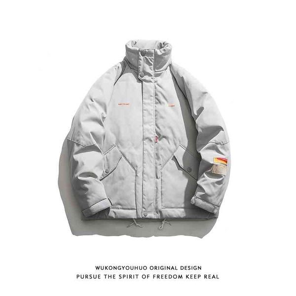 

wukong has a new winter fashion brand solid color warm down jacket men's casual loose and versatile stand collar cotton, Black