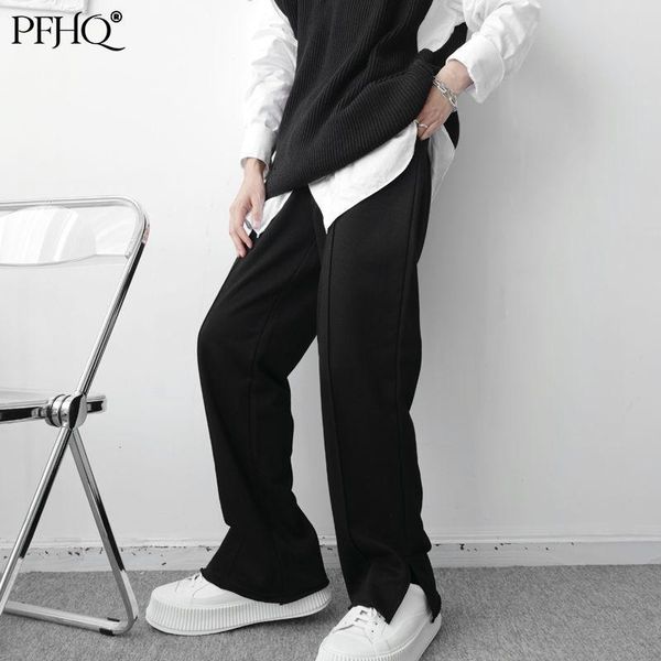 

men's pants pfhq 2021 fashion loose pure color korean style simple slit elastic waist casual trousers autumn and winter 21e1284, Black