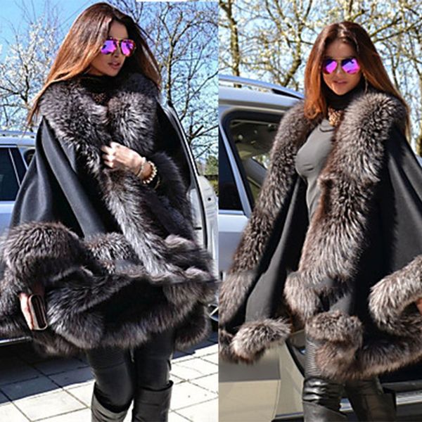 

2021 cape coats for autumn and winter witn o-neck collars faux fur yellow and black stitching cape female mink