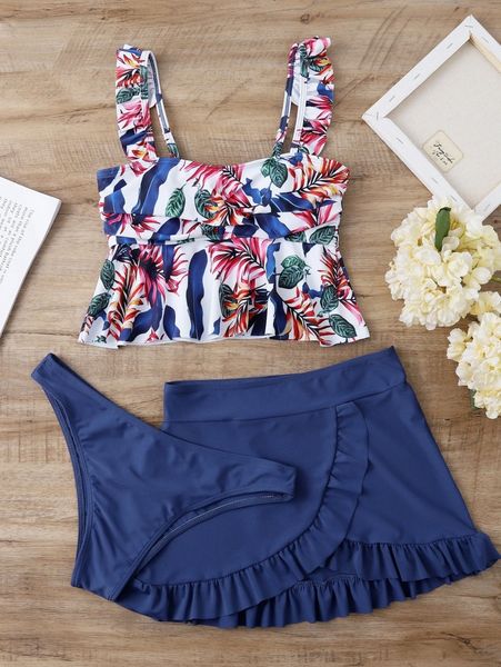 

3pack plant print twist front ruffle bikini swimsuit 4987#, White;black