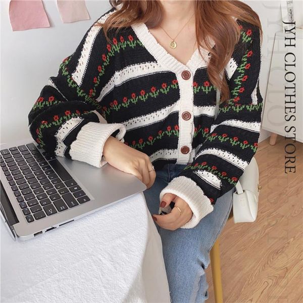 

women's knits & tees vintage v-neck floral long sleeve women sweater 2021 autumn winter casual coat knitted cardigan sweaters womes eng, White