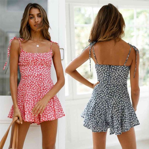 

boho floral ruffled playsuit women rompers summer casual sleeveless sling girls clubwear streetwear, Black;white