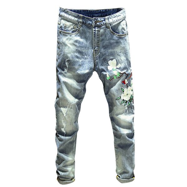 

ebaihui summer light blue jeans for men slim stretch little feet pants korean version the chinese embroidery trousers x09021
