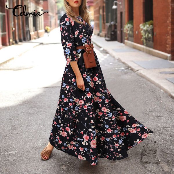 

new celmia bohemian women floral printed maxi 2021 fashion sun pleated casual loose 3/4 sleeve party vestidos plus size ngdp, Black;gray