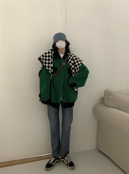 

two piece dress lapel sweater coat autumn jaket women 7g28, White