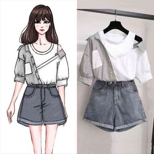 

wild patchwork stripes mock two-piece joint vest shirt and wide leg denim shorts sets women simple fashion shorts set, Gray